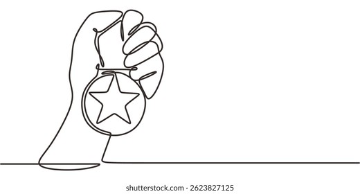 Continuous One Line Drawing Hand Holding Medal Star. Minimalist extraordinary achievement award prize success winner vector.