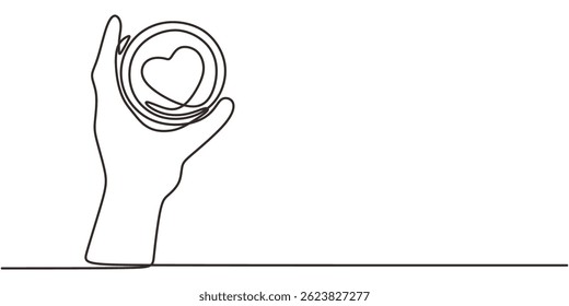 Continuous One Line Drawing Hand Coffee Cup Heart Steam. Minimalist love warmth cozy morning cafe beverage vector illustration art.