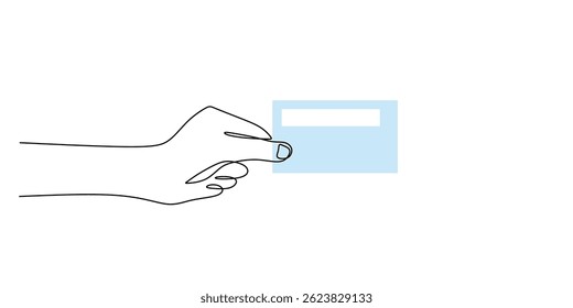 Dibujo continuo de una línea de una mano que presenta una tarjeta de visita, que simboliza la creación de redes profesionales. Ilustración vectorial dibujada a mano.
