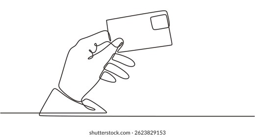 Continuous one line drawing of a hand presenting a business card, symbolizing professional networking. Vector illustration hand drawn.