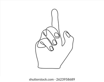 Dibujo continuo de una línea de mano que muestra algo con el dedo índice. Vector de arte de línea de moda sobre un fondo blanco. Ilustración vectorial. Trazo editable. 