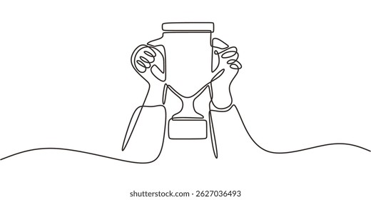 Continuo Una Línea De Dibujo De La Mano Que Sostiene La Copa Del Trofeo. Logro de éxito minimalista ganador premio premio Arte vectorial.