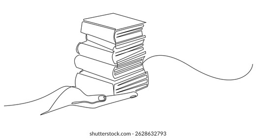 continuous one line drawing of hand carrying stack of books.concept of education,back to school drawn in one line vector