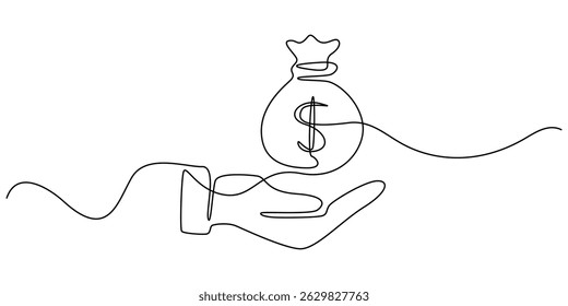 Continuous one line drawing of hand holding money bag. Money storage and investment single Line art. Saving, Investment and finance bank concept, Hand holding money bag with coins stack continuous one