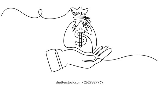 Dibujo continuo de una línea de bolso de dinero de mano. Almacenamiento de dinero e inversión de una sola línea de arte. Ahorro, concepto de banco de inversión y finanzas, bolsa de dinero de mano con monedas de pila continua uno