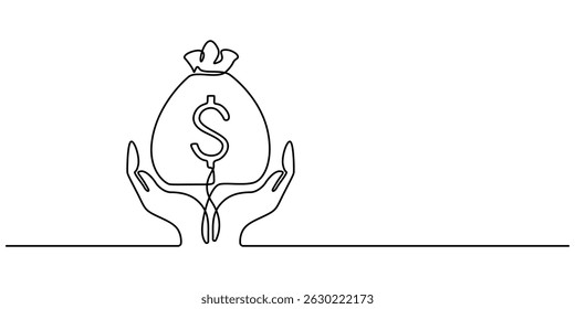 Kontinuierliche einzeilige Ziehhand mit Taschengeld. Vektor Illustration Finanzkonzept Linie Kunst, Umriss Silhouette, Hand halten Geldbeutel mit Münzen Stapel kontinuierliche einzeilige Zeichnung. Geschäftskonzept