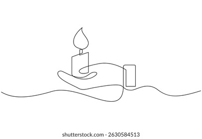 Continuous one line drawing of hand holding burning candle, Hand holding burning candle Continuous one line drawing, candlelight, fire, flame, darkness, warmth.
