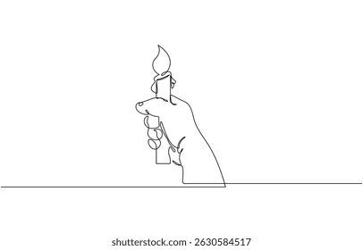 Continuous one line drawing of hand holding burning candle, Hand holding burning candle Continuous one line drawing, candlelight, fire, flame, darkness, warmth.