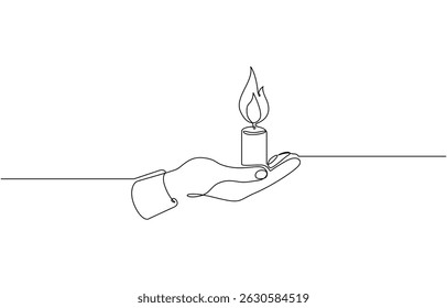 Continuous one line drawing of hand holding burning candle, Hand holding burning candle Continuous one line drawing, candlelight, fire, flame, darkness, warmth.
