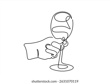 Desenho contínuo de uma linha. Mão torcendo com uma taça de champanhe. Ilustração vetorial. Traçado editável.	