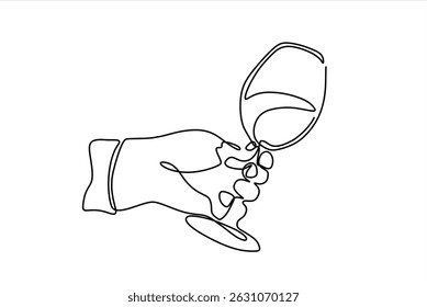 Continuous one line drawing. Hand cheering with glass of champagne. Vector illustration. Editable stroke.	