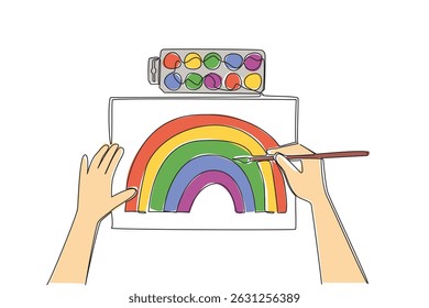 Continuous one line drawing hand painting using watercolors and watercolor container. View after the rain passes. Memory and talent. Creative. Drawing Day. Single line draw design vector illustration