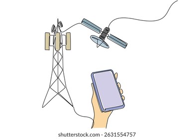Eine durchgehende Ziehhand hält das Smartphone und zeigt auf den Senderturm. Fortschritt der Zeiten. Welttag der Telekommunikation und der Informationsgesellschaft. Vektorgrafik mit einfarbiger Zeichnung