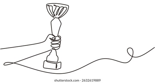 Mano De Dibujo De Una Línea Continua Con Copa De Trofeo. Reconocimiento al Premio al Éxito. Concepto de victoria.