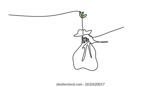 Continuous One Line Drawing Hand Holding Plant Bag. Eco Friendly Shopping Green Gift. Environmental Product.