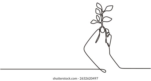 Continuous One Line Drawing Hand Holding Plant. Minimalist Nature Growth Environment. Simple Vector Art.