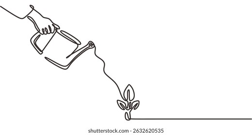 Uma Linha Contínua Desenho Mão Regando Planta. Cuidados ecológicos de natureza. Eco Jardinagem.