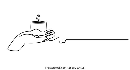  Continuous one line drawing of hand holding burning candle, Hand holding burning candle Continuous one line drawing, candlelight, fire, flame, darkness, warmth. 