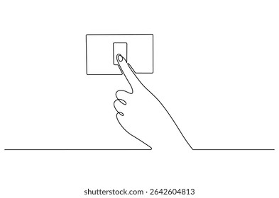 Desenho contínuo de uma linha de Mão apagando a luz. Ilustração de desenho de linha única do interruptor de luz. Consumo econômico de eletricidade conceito vetor arte. ilustração linha Doodle.
