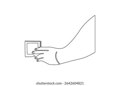 Desenho contínuo de uma linha de Mão apagando a luz. Ilustração de desenho de linha única do interruptor de luz. Consumo econômico de eletricidade conceito vetor arte. ilustração linha Doodle.