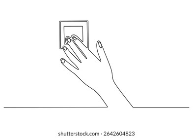 Continuous one line drawing of Hand turning off the light. Single line drawing illustration of Light switch. Economical consumption of electricity concept vector art. Doodle line illustration.