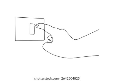 Continuous one line drawing of Hand turning off the light. Single line drawing illustration of Light switch. Economical consumption of electricity concept vector art. Doodle line illustration.