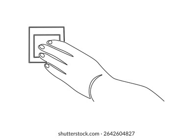 Kontinuierliche einzeilige Zeichnung von Hand, die das Licht ausschaltet. Einzeilige Zeichnung des Lichtschalters. Sparsamer Verbrauch von Strom Konzept Vektor Kunst. Doodle Linie Illustration.