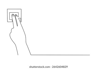 Dibujo continuo de una línea de la mano que apaga la luz. Ilustración de dibujo de línea única de interruptor de luz. Consumo económico de Arte vectorial de concepto eléctrico. Ilustración de línea Doodle.