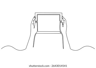 Continuous one line drawing of Hand touching tablet white screen. Single line drawing illustration of Hand holding digital tablet. Marketing and branding concept vector art. Doodle line illustration.