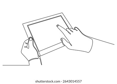 Continuous one line drawing of Hand touching tablet white screen. Single line drawing illustration of Hand holding digital tablet. Marketing and branding concept vector art. Doodle line illustration.