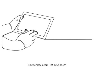 Dibujo continuo de una línea de la mano que toca la pantalla blanca de la tableta. Ilustración de dibujo de una sola línea de la mano que sostiene la tableta digital. Arte vectorial de concepto de marketing y marca. Ilustración de la línea Doodle.