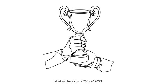 O desenho contínuo de uma linha de mão segura a competição da taça de troféu. Taça do troféu campeão em ilustração de desenho de linha única. Traço editável, copo campeão Um desenho de linha isolado no fundo branco.