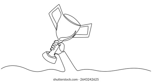 O desenho contínuo de uma linha de mão segura a competição da taça de troféu. Taça do troféu campeão em ilustração de desenho de linha única. Traço editável, copo campeão Um desenho de linha isolado no fundo branco.