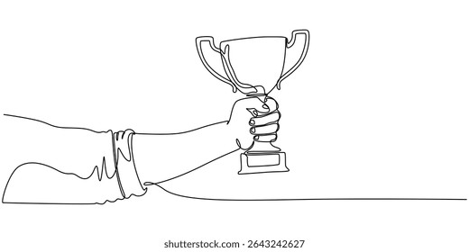 Continuous one line drawing of hand holds trophy cup competition. Champion trophy cup in single line draw illustration. Editable stroke, Champion cup One line drawing isolated on white background.
