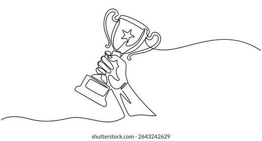 O desenho contínuo de uma linha de mão segura a competição da taça de troféu. Taça do troféu campeão em ilustração de desenho de linha única. Traço editável, copo campeão Um desenho de linha isolado no fundo branco.