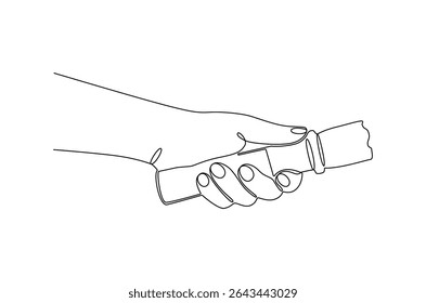 Continuous one line drawing of Hand holding a flashlight. Single line drawing illustration of Hand with Flashlight. Flashlight searching in darkness concept vector art. Doodle line illustration.