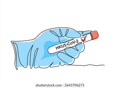 Desenho contínuo de uma linha de mão segurando o tubo de teste HKU5-CoV-2, descoberta de coronavírus de morcego na China. Infecção humana potencial, como a Covid-19. Vetor de uma linha desenhado à mão. Traçado editável
