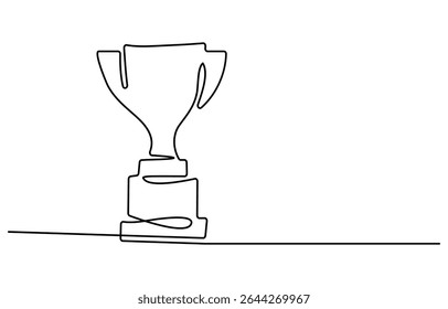 Continuous one line drawing of hand holds trophy cup competition. Champion trophy cup in single line draw illustration. Editable stroke.