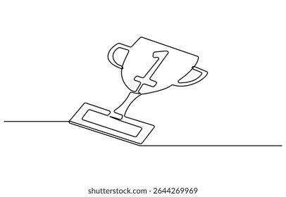 Continuous one line drawing of hand holds trophy cup competition. Champion trophy cup in single line draw illustration. Editable stroke.