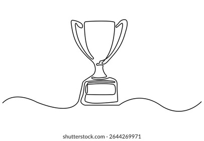 Continuous one line drawing of hand holds trophy cup competition. Champion trophy cup in single line draw illustration. Editable stroke.