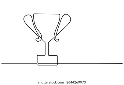 Continuous one line drawing of hand holds trophy cup competition. Champion trophy cup in single line draw illustration. Editable stroke.
