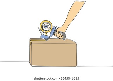 Continuous one line drawing hand is isolating a cardboard box using an insulating tool. Tools that make things easier. Gluing. National Cellophane Tape. Single line draw design vector illustration