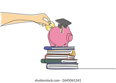 Continuous one line drawing hand holds coin putting into piggy bank wearing graduation cap. Get ready to welcome the highest education. College Savings Day. Single line draw design vector illustration