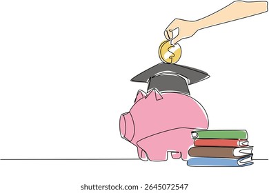 Continuous one line drawing hand puts coin into piggy bank wearing graduation cap. Seriously save for a better future. For education. College Savings Day. Single line draw design vector illustration