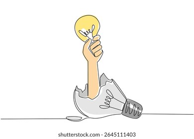 Uma linha contínua desenhando a lâmpada de mão segurando fora da lâmpada quebrada. Aprenda com os erros. Cultive ideias brilhantes. Derrotar o pessimismo. Dia Nacional da Criatividade. Ilustração de vetor de design de desenho de linha única