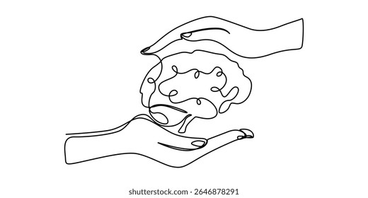 Continuous one line drawing of hand holding brain, personal development, growth mindset concept, single line art, One continuous single line of hands hold brain. World Mental Health day is observed