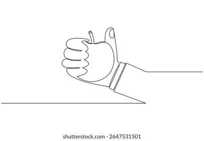 Continuous one line drawing of hand holding apple fruit. Simple apple fruit on hand line art, One continuous line illustration of apple in hands. Continuous line drawing of apple in hand editable.