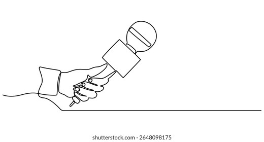 Desenho contínuo de uma linha de mão segurando microfone de notícias. Linha editável, Jornalista, conceito de repórter, Esta ilustração minimalista representa um repórter de notícias de TV, capturando a essência do jornalismo