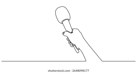 Desenho contínuo de uma linha de mão segurando microfone de notícias. Linha editável, Jornalista, conceito de repórter, Esta ilustração minimalista representa um repórter de notícias de TV, capturando a essência do jornalismo