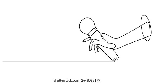 Continuous one line drawing of hand holding news microphone. Editable line, Journalist, reporter concept, This minimalist illustration represents a TV news reporter, capturing the essence of journalis